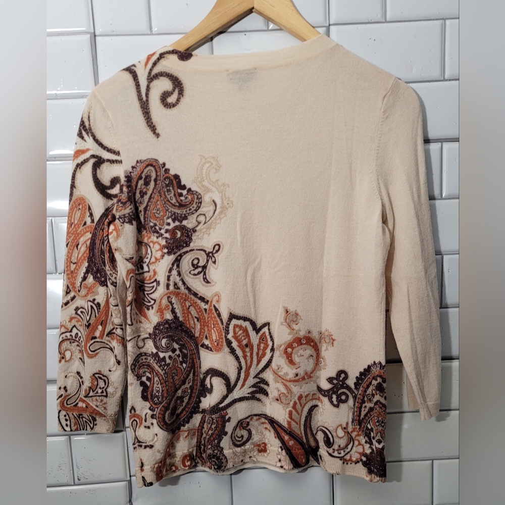 Talbots Pure Merino Wool 3/4  Sleeve Crew Neck Color(S) Cream Brown Paisley Prin - Picture 2 of 4